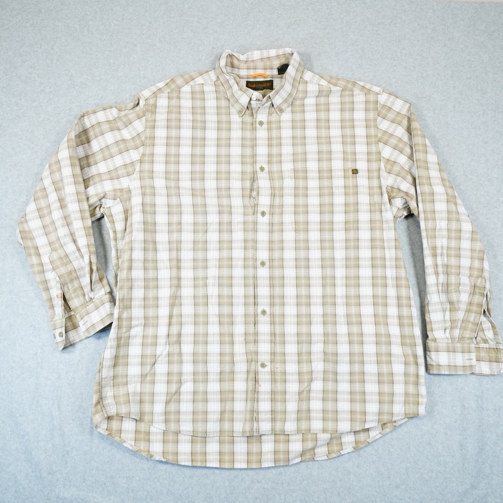 Timberland Mens 2XL XXL Plaid Button Down Flannel Beige CA 19792